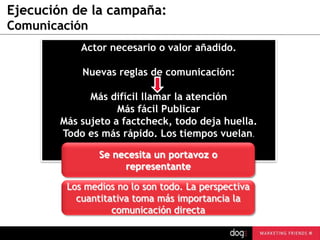 Ejecución de la campaña:
Comunicación
Actor necesario o valor añadido.
Nuevas reglas de comunicación:

Más difícil llamar la atención
Más fácil Publicar
Más sujeto a factcheck, todo deja huella.
Todo es más rápido. Los tiempos vuelan.
Se necesita un portavoz o
representante
Los medios no lo son todo. La perspectiva
cuantitativa toma más importancia la
comunicación directa
guau@dogcomunicacion.com
Tlf: +34 91 57 57 755

20

 