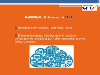 BARRERAS o limitadores del CANAL:
 Defectuoso: no vocalizar, hablar bajo, ruidos
 Efecto de la cadena: pérdidas de información o
deformaciones producidas por haber intermediarios entre
emisor y receptor
 