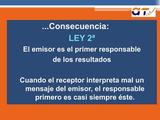 ...Consecuencia:
LEY 2ª
El emisor es el primer responsable
de los resultados
Cuando el receptor interpreta mal un
mensaje del emisor, el responsable
primero es casi siempre éste.
 