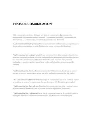 TIPOS DE COMUNICACION 
10MAY 
En la comunicación podemos distinguir seis tipos de comunicación: La comunicación 
intrapersonal; La comunicación interpersonal; La comunicación masiva; La comunicación 
descendiente; La Comunicación Ascendente; La comunicación Horizontal. 
*La Comunicación Intrapersonal: Es una comunicación unidimensional, es aquella que se 
lleva a cabo con uno mismo, es decir el emisor es el mismo receptor. (Ej. Monologo). 
*La Comunicación Interpersonal: Es una comunicación bi-dimensional, se da entre dos 
personas que están físicamente próximas. Cada una de las personas produce mensajes que son 
una respuesta a los mensajes que han sido elaborados por la otra o las otras personas 
implicadas en la conversación.se puede llevar a cabo con la familia u otras personas. (Ej. 
Dialogo). 
*La Comunicación Masiva: Es una comunicación Tridimensional, donde hay un emisor y 
muchos receptores, puede atribuirse este tipo a los medios de comunicación. (Ej. Radio). 
*La Comunicación Descendente: Es un tipo de comunicación que se da cuando el emisor 
se posiciona en un nivel jerarquico mas alto que el receptor. (Ej. Presidente-gobernador) 
* La Comunicación Ascendente: Es un tipo de comunicación que se da cuando el emisor 
pertenece a un nivel jerarquico mas bajo que el receptor. ( Ej.Profesor-Estudiante). 
*La Comunicación Horizontal: Es un tipo de comunicación que se da cuando el emisor y 
el receptor pertenecen a un mismo nivel jerarquico. (Ej. Conversacion entre amigos). 
 