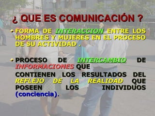 ¿ QQUUEE EESS CCOOMMUUNNIICCAACCIIÓÓNN ?? 
FFOORRMMAA DDEE IINNTTEERRAACCCCIIOONN EENNTTRREE LLOOSS 
HHOOMMBBRREESS YY MMUUJJEERREESS EENN EELL PPRROOCCEESSOO 
DDEE SSUU AACCTTIIVVIIDDAADD .. 
PPRROOCCEESSOO DDEE IINNTTEERRCCAAMMBBIIOO DDEE 
IINNFFOORRMMAACCIIOONNEESS QQUUEE 
CCOONNTTIIEENNEENN LLOOSS RREESSUULLTTAADDOOSS DDEELL 
RREEFFLLEEJJOO DDEE LLAA RREEAALLIIDDAADD QQUUEE 
PPOOSSEEEENN LLOOSS IINNDDIIVVIIDDUUOOSS 
((ccoonncciieenncciiaa)).. 
 