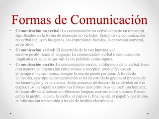 Formas de Comunicación
• Comunicación no verbal: La comunicación no verbal consiste en transmitir
significados en la forma de mensajes no verbales. Ejemplos de comunicación
no verbal incluyen los gestos, las expresiones faciales, la expresión corporal,
entre otros.
• Comunicación verbal: El desarrollo de la voz humana y el
cerebro posibilitaron el lenguaje. La comunicación verbal o comunicación
lingüística es aquella que utiliza las palabras como signos.
• Comunicación escrita:La comunicación escrita, a diferencia de la verbal, tiene
otra manera de interacción entre emisor y receptor, produciéndose en
el tiempo o incluso nunca, aunque lo escrito puede perdurar. A través de
la historia, este tipo de comunicación se ha desarrollado gracias al impacto de
las tecnologías y de la ciencia. Estos procesos de desarrollo se dividen en tres
etapas: Los pictogramas como las formas más primitivas de escritura humana;
el desarrollo de alfabetos en diferentes lenguas escritos sobre soportes físicos
como la piedra, la cera, la arcilla, el papiro y, finalmente, el papel; y por último
la información transmitida a través de medios electrónicos.
 