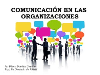 COMUNICACIÓN EN LAS
ORGANIZACIONES
Ps. Diana Dueñas Castillo
Esp. En Gerencia de RRHH
 