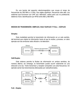 Es una banda del espectro electromagnético que ocupa el rango de
frecuencias de 300 MHz a 3 GHz. Sus siglas significan, frecuencia ultra alta. Los
sistemas que funcionan con UHF son: televisión, radios para uso no profesional,
telefonía móvil, Identificación por RFID entre 860 y 960 MHz.
MODOS DE TRANSMISIÓN: SIMPLEX, HALF-DUPLEX Y FULL – DÚPLEX
Simplex
Esta modalidad permite la transmisión de información en un solo sentido,
del terminal que origina la información hacia el que la recibe y procesa, un claro
ejemplo son las emisoras radio difusión o la televisión.
Half-Duplex
Este sistema permite la fluidez de información en ambos sentidos, de
manera alterna, sin embargo, la transmisión puede ocurrir solamente en una
dirección a la vez. Tanto transmisor y receptor comparten una sola frecuencia. Un
ejemplo serían las transmisiones efectuadas por radioaficionados.
Full – Dúplex
 