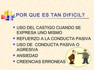 ¿POR QUE ES TAN DIFICIL?
 USO DEL CASTIGO CUANDO SE
EXPRESA UNO MISMO
 REFUERZO A LA CONDUCTA PASIVA
 USO DE CONDUCTA PASIVA O
AGRESIVA
 ANSIEDAD
 CREENCIAS ERRONEAS
 