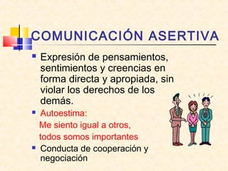 COMUNICACIÓN ASERTIVA
 Expresión de pensamientos,
sentimientos y creencias en
forma directa y apropiada, sin
violar los derechos de los
demás.
 Autoestima:
Me siento igual a otros,
todos somos importantes
 Conducta de cooperación y
negociación
 