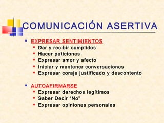 COMUNICACIÓN ASERTIVA
 EXPRESAR SENTIMIENTOS
 Dar y recibir cumplidos
 Hacer peticiones
 Expresar amor y afecto
 Iniciar y mantener conversaciones
 Expresar coraje justificado y descontento
 AUTOAFIRMARSE
 Expresar derechos legítimos
 Saber Decir “No”
 Expresar opiniones personales
 