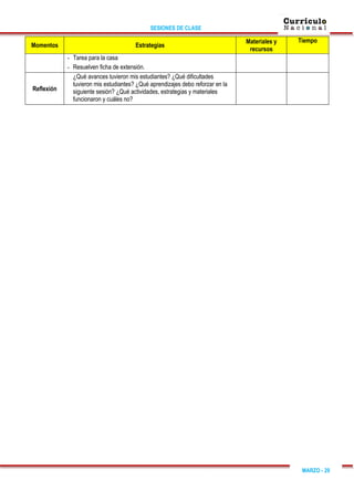 SESIONES DE CLASE
MARZO - 29
Momentos Estrategias
Materiales y
recursos
Tiempo
- Tarea para la casa
- Resuelven ficha de extensión.
Reflexión
¿Qué avances tuvieron mis estudiantes? ¿Qué dificultades
tuvieron mis estudiantes? ¿Qué aprendizajes debo reforzar en la
siguiente sesión? ¿Qué actividades, estrategias y materiales
funcionaron y cuáles no?
 