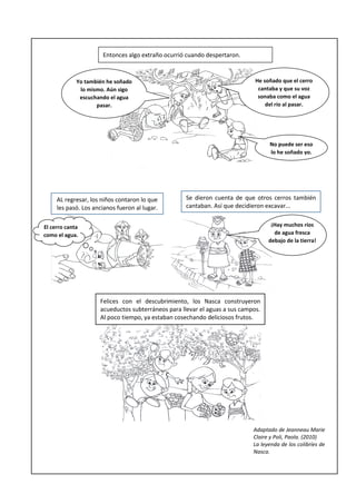 |Entonces algo extraño ocurrió cuando despertaron.
Yo también he soñado
lo mismo. Aún sigo
escuchando el agua
pasar.
He soñado que el cerro
cantaba y que su voz
sonaba como el agua
del río al pasar.
AL regresar, los niños contaron lo que
les pasó. Los ancianos fueron al lugar.
Se dieron cuenta de que otros cerros también
cantaban. Así que decidieron excavar...
¡Hay muchos ríos
de agua fresca
debajo de la tierra!
El cerro canta
como el agua.
Felices con el descubrimiento, los Nasca construyeron
acueductos subterráneos para llevar el aguas a sus campos.
Al poco tiempo, ya estaban cosechando deliciosos frutos.
Adaptado de Jeanneau Marie
Claire y Poli, Paola. (2010)
La leyenda de los colibríes de
Nasca.
No puede ser eso
lo he soñado yo.
 