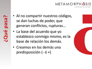 • Al no compartir nuestros códigos,
¿Qué pasa?

               se dan luchas de poder, que
               generan conflictos, rupturas…
             • La base del acuerdo que yo
               establezco conmigo mismo, es la
               base de relación los demás.
             • Creamos en los demás una
               predisposición (- ó +)
 