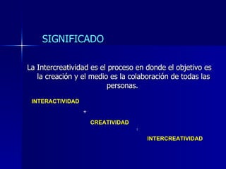 La Intercreatividad es el proceso en donde el objetivo es la creación y el medio es la colaboración de todas las personas. INTERACTIVIDAD CREATIVIDAD INTERCREATIVIDAD + = SIGNIFICADO