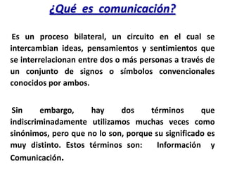 ¿Qué es comunicación?

 Es un proceso bilateral, un circuito en el cual se
intercambian ideas, pensamientos y sentimientos que
se interrelacionan entre dos o más personas a través de
un conjunto de signos o símbolos convencionales
conocidos por ambos.


 Sin    embargo,     hay     dos     términos      que
indiscriminadamente utilizamos muchas veces como
sinónimos, pero que no lo son, porque su significado es
muy distinto. Estos términos son:      Información y
Comunicación.
 