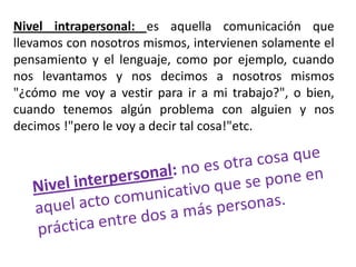 Nivel intrapersonal: es aquella comunicación que
llevamos con nosotros mismos, intervienen solamente el
pensamiento y el lenguaje, como por ejemplo, cuando
nos levantamos y nos decimos a nosotros mismos
"¿cómo me voy a vestir para ir a mi trabajo?", o bien,
cuando tenemos algún problema con alguien y nos
decimos !"pero le voy a decir tal cosa!"etc.
 