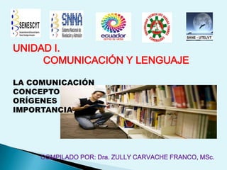 UNIDAD I.
COMUNICACIÓN Y LENGUAJE
LA COMUNICACIÓN
CONCEPTO
ORÍGENES
IMPORTANCIA
.
COMPILADO POR: Dra. ZULLY CARVACHE FRANCO, MSc.
 