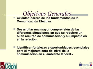 Objetivos los fundamentos de la
 Orientar acerca de
                     Generales
  Comunicación Efectiva.

 Desarrolla...