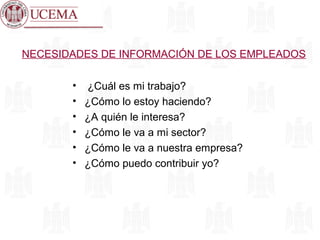 NECESIDADES DE INFORMACIÓN DE LOS EMPLEADOS
• ¿Cuál es mi trabajo?
• ¿Cómo lo estoy haciendo?
• ¿A quién le interesa?
• ¿Cómo le va a mi sector?
• ¿Cómo le va a nuestra empresa?
• ¿Cómo puedo contribuir yo?
 
