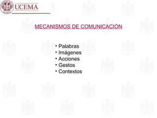 MECANISMOS DE COMUNICACIÓN
• Palabras
• Imágenes
• Acciones
• Gestos
• Contextos
 