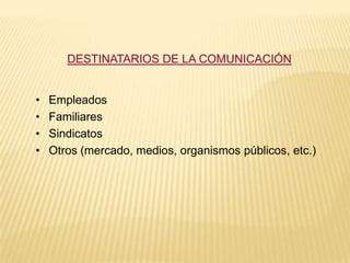 DESTINATARIOS DE LA COMUNICACIÓN


•   Empleados
•   Familiares
•   Sindicatos
•   Otros (mercado, medios, organismos públicos, etc.)
 