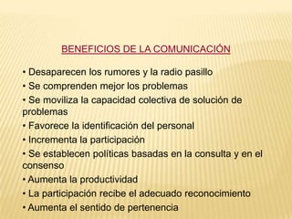BENEFICIOS DE LA COMUNICACIÓN

• Desaparecen los rumores y la radio pasillo
• Se comprenden mejor los problemas
• Se moviliza la capacidad colectiva de solución de
problemas
• Favorece la identificación del personal
• Incrementa la participación
• Se establecen políticas basadas en la consulta y en el
consenso
• Aumenta la productividad
• La participación recibe el adecuado reconocimiento
• Aumenta el sentido de pertenencia
 