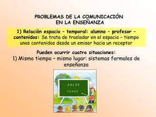  Requisito: predisposición de los actores tanto para la enseñanza como para el aprendizajeCOMUNICACIÓN Y ENSEÑANZAProceso de enseñanza – aprendizaje = proceso particular de comunicaciónProceso de enseñanza: finalidad persuasiva, que el estudiante haga suyos los conocimientos
