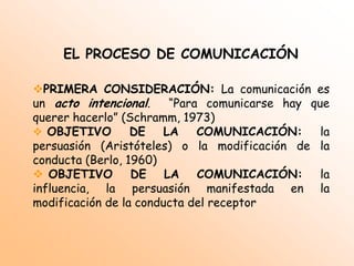 EL PROCESO DE COMUNICACIÓNPRIMERA CONSIDERACIÓN: La comunicación es un acto intencional.  “Para comunicarse hay que querer hacerlo” (Schramm, 1973)