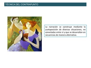 TÉCNICA DEL CONTRAPUNTO
La narración se construye mediante la
yuxtaposición de diversas situaciones, no
conectadas entre sí y que se desarrollan en
secuencias de manera alternativa.
 