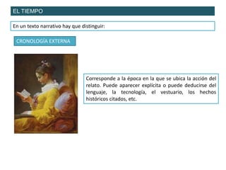 EL TIEMPO
En un texto narrativo hay que distinguir:
CRONOLOGÍA EXTERNA
Corresponde a la época en la que se ubica la acción del
relato. Puede aparecer explícita o puede deducirse del
lenguaje, la tecnología, el vestuario, los hechos
históricos citados, etc.
 