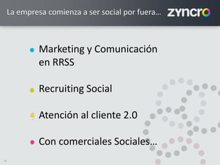 16
La empresa comienza a ser social por fuera…
Marketing y Comunicación
en RRSS
Recruiting Social
Atención al cliente 2.0
Con comerciales Sociales…
<
<
 