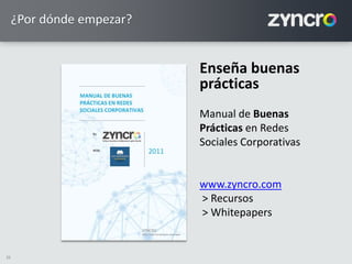 26
¿Por dónde empezar?
Enseña buenas
prácticas
Manual de Buenas
Prácticas en Redes
Sociales Corporativas
www.zyncro.com
> Recursos
> Whitepapers
 