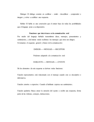 Dialogar: El diálogo consiste en codificar - emitir - decodificar – comprender e
integrar y volver a codificar una respuesta.
Hablar: El habla es una concreción que el emisor hace de todas las posibilidades
que el lenguaje pone a su disposición.
Funciones que intervienen en la comunicación oral
Por medio del lenguaje hablado transmitimos ideas, mensajes, pensamientos y
sentimientos, y del mismo modo recibimos los mensajes que otros nos dirigen.
Si tomamos el esquema general y básico de la comunicación:
EMISOR-----MENSAJE-----RECEPTOR
Podemos adaptarlo a la comunicación oral:
HABLANTE-----MENSAJE-----OYENTE
De los elementos de este esquema se derivan varias funciones:
Función representativa: está relacionada con el mensaje cuando este es descriptivo o
informativa.
Función emotiva o expresiva: Cuando el hablante expresa sus sentimientos.
Función apelativa: Busca atraer la atención del oyente o recibir una respuesta, forma
parte de las órdenes, consejos, instrucciones.
 