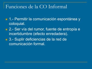 Funciones de la CO Informal
 1.- Permitir la comunicación espontánea y
coloquial.
 2.- Ser vía del rumor, fuente de entropía e
incertidumbre (efecto enredadera).
 3.- Suplir deficiencias de la red de
comunicación formal.
 