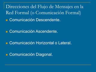 Direcciones del Flujo de Mensajes en la
Red Formal (o Comunicación Formal)
 Comunicación Descendente.
 Comunicación Ascendente.
 Comunicación Horizontal o Lateral.
 Comunicación Diagonal.
 