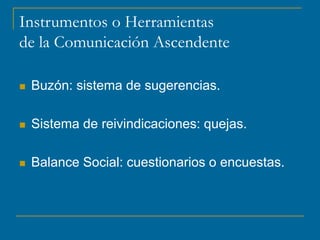 Instrumentos o Herramientas
de la Comunicación Ascendente
 Buzón: sistema de sugerencias.
 Sistema de reivindicaciones: quejas.
 Balance Social: cuestionarios o encuestas.
 