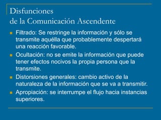 Disfunciones
de la Comunicación Ascendente
 Filtrado: Se restringe la información y sólo se
transmite aquélla que probablemente despertará
una reacción favorable.
 Ocultación: no se emite la información que puede
tener efectos nocivos la propia persona que la
transmite.
 Distorsiones generales: cambio activo de la
naturaleza de la información que se va a transmitir.
 Apropiación: se interrumpe el flujo hacia instancias
superiores.
 