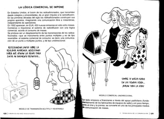`d!ibk
,di_I/I~11
AlSI/1+1_IllIb1
I
	
¡1¡;1p,~ '
~ Am
41Qi I!! I/I+I-" La radio empieza a financiarse a través del apoyo publicitario (funda-
Mentalmente de los fabricantes de equipos de radio) y en poco tiempo,
nto al cine y la, prensa, se convierte en uno de los principales medios
comunicación de masas .
u
Aft
1
%lII
`~Nl
4%4
01 1
p 14/
LA LÓGICA COMERCIAL SE IMPONE
En Estados Unidos, el boom de los radioaficionados, que transmiten
desde colegios y universidades, da un gran impulso a la radiodifusión .
En las primeras décadas del siglo los radioaficionados construyen sus
propios aparatos, imaginando una comunicación libre e instantánea,
independiente de operadores .
En 1922 aparecen, en EUA, 450 nuevas emisoras en sólo ocho meses .
Comienza a imponerse el sistema de radiodifusión con una lógica
comercial, acorde al consumo de masas .
Se produce así un desplazamiento de las transmisiones de los radioa-
ficionados -que se instrumenta entre puntos múltiples y es de tipo
reversible- al sistema comercial de consumo : es decir, una comunica-
ción de un punto a múltiples puntos, y de tipo unidireccional .
REFLEXIONEMOS JUNTOS SOBRE LA
REALIDAD A(ADÉMI(A. NECESITAMOS
SABER AUÉ OPINAN LOS DEMÁS PARA
EMITIR UN DOCUMENTO DEFINITIVO ...
128 ICOMUNICACIÓN PARA PRINCIPIANTES
MODELO DE TRANSMISIÓN MÚLTIPLE Y REVERSIBLE
MODELO COMERCIAL UNIDIRECCIONAL
(oMPRE SU NUEVA RADIO
EN LAS TIENDAS VERDI ...
¡DURAN TODA LA VIDA!
V - TECNOLOGÍAS DE LA COMUNICACIÓN 1 129
 
