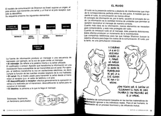 UP
SI ES(KIBIMOS
LA q No ES
NE(ESAKIO
ES(KIBIK LA
u, foRovE
NO AGKEGA
INFOKMA(IÓN.
EL GRADO DE
rkd$ABILIDAD
-.,W
7~ DE quE LA o
/
	
ESTÉ SEGUIDA
u
	
DE UNA U ES
MÁXIMO.
El modelo de comunicación de Shannon es lineal: supone un origen, el
polo emisor, que transmite una señal, y un final en el polo receptor, que
sólo la decodifica.
Su esquema propone los siguientes elementos :
FUENTE DE
INFORMACION
EMISOR
FUENTE DE
RUIDO
La fuente de información produce un mensaje o una secuencia de
mensajes ; por ejemplo, es la voz de quien emite un mensaje .
•
	
El mensaje: Se refiere a la palabra misma o la señal utilizada .
El codificador o emisor: Aparato que transforma la información en una
modulación física susceptible de ser transmitida por el canal . Por ejem-
plo, el teléfono transforma la voz en oscilaciones eléctricas; es decir,
cumple la función de las cuerdas vocales respecto de la voz hablada) .
•
	
El canal : Es el medio usado para transmitir la señal desde el trans-
misor al receptor (p .e . el cable de teléfono o el aire)
•
	
El descodificador o receptor : efectúa generalmente la operación in-
versa a la realizada por el transmisor, descodificando la señal para re-
construir el mensaje .
•
	
El destino: la persona a la que le llega el mensaje .
MENSAJE
	
SEÑAL
	
SEÑAL
EMITIDA
	
RECIBIDA
MENSAJE
RECEPTOR
	
DESTINO
Sobresale, finalmente,
un fenómeno perturbador:
12
	
ICOMUNICACIÓN PARA PRINCIPIANTES
EL RUIDO
El ruido es la presencia externa y aleatoria de interferencias que impi-
de la correspondencia perfecta entre los dos polos . A medida que au-
menta el ruido, la comunicación es menos eficaz.
El concepto de información es, por lo tanto, opuesto al concepto de rui-
do. La información es la cantidad mínima de unidades que permiten al
receptor reconstruir el mensaje de manera correcta .
Cuanto más clara es la información, menos elementos se necesitan
para comprenderla, y está más protegida del ruido .
Cuando se introduce ruido en el mensaje, éste presenta distorsiones .
Estos efectos producen un incremento de la incertidumbre .
Las compañías telefónicas para las que trabaja Shannon buscan la
máxima eficacia para bajar los costos de la comunicación . El ruido, por
lo tanto, es una perturbación intolerable .
1(óMO PIENSAS VE SE ENVÍAN LOS
TELEGRAMAS? EL FINAL DE (ADA
PALABRA ES TAN PREVISIBLE quE
SE Lo surKIME.
modelos de comunicación basados en las teorías matemáticas de
ormacion ignoran a los individuos reales . Para el ser humano, la
nicación es
	
biíun procesounvoco y de influencia mutua.
 