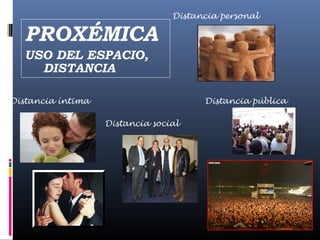 PROXÉMICA 
USO DEL ESPACIO, 
DISTANCIA 
Distancia íntima 
Distancia personal 
Distancia social 
Distancia pública 
 