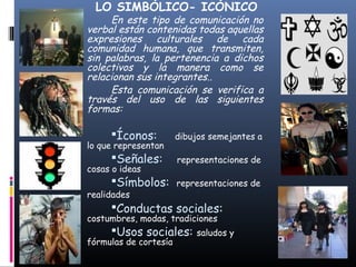 LO SIMBÓLICO- ICÓNICO 
En este tipo de comunicación no 
verbal están contenidas todas aquellas 
expresiones culturales de cada 
comunidad humana, que transmiten, 
sin palabras, la pertenencia a dichos 
colectivos y la manera como se 
relacionan sus integrantes.. 
Esta comunicación se verifica a 
través del uso de las siguientes 
formas: 
Íconos: dibujos semejantes a 
lo que representan 
Señales: representaciones de 
cosas o ideas 
Símbolos: representaciones de 
realidades 
Conductas sociales: 
costumbres, modas, tradiciones 
Usos sociales: saludos y 
fórmulas de cortesía 
 