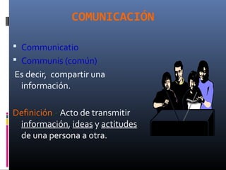 COMUNICACIÓN 
 Communicatio 
 Communis (común) 
Es decir, compartir una 
información. 
Definición.- Acto de transmitir 
información, ideas y actitudes 
de una persona a otra. 
 