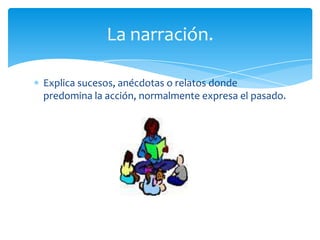 La narración.

Explica sucesos, anécdotas o relatos donde
predomina la acción, normalmente expresa el pasado.
 