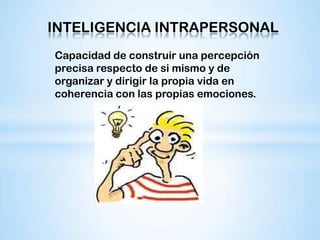 INTELIGENCIA INTRAPERSONAL
Capacidad de construir una percepción
precisa respecto de si mismo y de
organizar y dirigir la propia vida en
coherencia con las propias emociones.
 