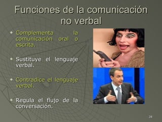 Funciones de la comunicación no verbal <ul><li>Complementa la comunicación oral o escrita. </li></ul><ul><li>Sustituye el ...