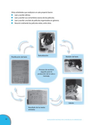 44 MOVILIZACIÓN NACIONAL POR LA MEJORA DE LOS APRENDIZAJES
Otras actividades que realizaron en este proyecto fueron:
Leer y escribir afiches.
Leer y escribir sus comentarios acerca de las películas.
Leer y escribir una lista de películas organizadas en géneros.
Resumir oralmente las películas vistas, entre otras.
Proceso de escritura
seguido para la
producción de la nota o
mensaje.
Revisión del texto
Edición
Resultado de los textos
enviados
Planificación del texto
Textualización
 