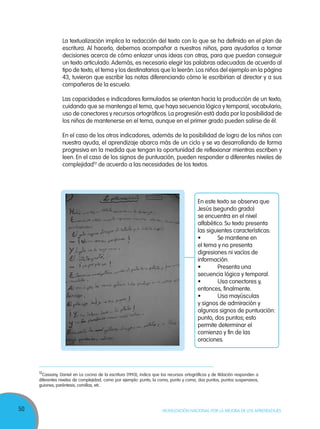 50 MOVILIZACIÓN NACIONAL POR LA MEJORA DE LOS APRENDIZAJES
La textualización implica la redacción del texto con lo que se ha definido en el plan de
escritura. Al hacerlo, debemos acompañar a nuestros niños, para ayudarlos a tomar
decisiones acerca de cómo enlazar unas ideas con otras, para que puedan conseguir
un texto articulado. Además, es necesario elegir las palabras adecuadas de acuerdo al
tipo de texto, el tema y los destinatarios que lo leerán.Los niños del ejemplo en la página
43, tuvieron que escribir las notas diferenciando cómo le escribirían al director y a sus
compañeros de la escuela.
Las capacidades e indicadores formulados se orientan hacia la producción de un texto,
cuidando que se mantenga el tema, que haya secuencia lógica y temporal, vocabulario,
uso de conectores y recursos ortográficos. La progresión está dada por la posibilidad de
los niños de mantenerse en el tema, aunque en el primer grado pueden salirse de él.
En el caso de los otros indicadores, además de la posibilidad de logro de los niños con
nuestra ayuda, el aprendizaje abarca más de un ciclo y se va desarrollando de forma
progresiva en la medida que tengan la oportunidad de reflexionar mientras escriben y
leen. En el caso de los signos de puntuación, pueden responder a diferentes niveles de
complejidad12
de acuerdo a las necesidades de los textos.
12
Cassany, Daniel en La cocina de la escritura (1993), indica que los recursos ortográficos y de tildación responden a
diferentes niveles de complejidad, como por ejemplo: punto, la coma, punto y coma, dos puntos, puntos suspensivos,
guiones, paréntesis, comillas, etc.
En este texto se observa que
Jesús (segundo grado)
se encuentra en el nivel
alfabético. Su texto presenta
las siguientes características:
•	 Se mantiene en
el tema y no presenta
digresiones ni vacíos de
información.
•	 Presenta una
secuencia lógica y temporal.
•	 Usa conectores y,
entonces, finalmente.
•	 Usa mayúsculas
y signos de admiración y
algunos signos de puntuación:
punto, dos puntos; esto
permite determinar el
comienzo y fin de las
oraciones.
 