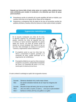 57TODOS PODEMOS APRENDER, NADIE SE QUEDA ATRÁS
Después que hemos leído el texto varias veces con nuestros niños, podemos hacer
estas actividades para ampliar el vocabulario y los referentes que sirven de apoyo
para la escritura:
Presentamos escrito el contenido de la parte repetitiva del texto en tarjetas, que
nuestros niños leen sin el apoyo de las claves de las imágenes.
Preparamos y entregamos tiras de papel en las que se encuentran escritas las
palabras del texto y nuestros niños los colocan en orden sobre el texto completo.
Sugerencias metodológicas
En la escuela multigrado con niños de III ciclo,
la docente organiza las actividades grupales por
grados; mientras los niños de segundo leen por
sí mismos un texto narrativo siguiendo las pautas
dadas por escrito, los niños de primer grado se
sientan en círculo alrededor del maestro y lee en
voz alta. Esta estrategia se realiza en el proyecto
“Leemos y organizamos nuestra biblioteca”.
El propósito social es que los niños lean los
libros y conociendo el soporte, portador y el
contenido de ellos, pueda participar en la
organización de la biblioteca.
El propósito didáctico es que los niños conozcan
el soporte y sus partes, comprendan el propósito
del texto y el contenido del texto y a la vez,
construyan el sistema de escritura.
En este contexto la estrategia se aplicó de la siguiente manera:
Docente : Siéntense alrededor mío y verán mejor el texto.
Niño : (Se sientan alrededor tratando de ver mejor las imágenes del
cuento).
Docente : (Muestra la tapa del texto) ¿Qué ven en la tapa del libro?
Niño1 : ¡Veo una cabra, un perro, un pavo y….creo que un pato también!
Niña 1 : (Señala en el libro) ¡Ahí hay una gallina o un gallo!
 