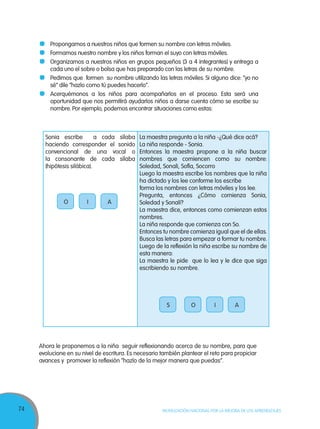 74 MOVILIZACIÓN NACIONAL POR LA MEJORA DE LOS APRENDIZAJES
	 Propongamos a nuestros niños que formen su nombre con letras móviles.
	 Formamos nuestro nombre y los niños forman el suyo con letras móviles.
	 Organizamos a nuestros niños en grupos pequeños (3 a 4 integrantes) y entrega a
cada uno el sobre o bolsa que has preparado con las letras de su nombre.
	 Pedimos que formen su nombre utilizando las letras móviles. Si alguno dice: “yo no
sé” dile “hazlo como tú puedes hacerlo”.
	 Acerquémonos a los niños para acompañarlos en el proceso. Esta será una
oportunidad que nos permitirá ayudarlos niños a darse cuenta cómo se escribe su
nombre. Por ejemplo, podemos encontrar situaciones como estas:
Sonia escribe a cada sílaba
haciendo corresponder el sonido
convencional de una vocal o
la consonante de cada sílaba
(hipótesis silábica).
La maestra pregunta a la niña -¿Qué dice acá?
La niña responde - Sonia.
Entonces la maestra propone a la niña buscar
nombres que comiencen como su nombre:
Soledad, Sonali, Sofía, Socorro
Luego la maestra escribe los nombres que la niña
ha dictado y los lee conforme los escribe
forma los nombres con letras móviles y los lee.
Pregunta, entonces ¿Cómo comienza Sonia,
Soledad y Sonali?
La maestra dice, entonces como comienzan estos
nombres.
La niña responde que comienza con So.
Entonces tu nombre comienza igual que el de ellas.
Busca las letras para empezar a formar tu nombre.
Luego de la reflexión la niña escribe su nombre de
esta manera:
La maestra le pide que lo lea y le dice que siga
escribiendo su nombre.
O
OS
I
I
A
A
Ahora le proponemos a la niña seguir reflexionando acerca de su nombre, para que
evolucione en su nivel de escritura. Es necesario también plantear el reto para propiciar
avances y promover la reflexión “hazlo de la mejor manera que puedas”.
 