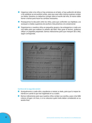 92 MOVILIZACIÓN NACIONAL POR LA MEJORA DE LOS APRENDIZAJES
	 Hagamos notar a los niños si hay omisiones en el texto, si hay sustitución de letras
o las palabras se encuentran juntas, para que sean ellos mismos quienes corrijan
sus textos. Nosotros no debemos corregir sobre el escrito del niño, él mismo debe
borrar o tachar para hacer los cambios necesarios.
	 Provoquemos la discusión entre los niños, para que confronten sus hipótesis y se
acerquen a niveles superiores de escritura más próximos a la convencional.
	 Organizamos a nuestros niños en pequeños grupos y les entregamos a cada uno
una tabla para que realicen la revisión del texto. Para guiar la lectura, podemos
utilizar un papelote preparado. Damos indicaciones para que marquen (Sí) o (No),
según corresponda.
Escritura de la segunda versión
	 Acerquémonos a cada niño y ayudemos a revisar su texto, para que lo mejore te-
niendo en cuenta lo que han registrado en su cuadro.
	 Demos indicaciones para que nuestros niños corrijan sus escritos, pues si les faltó
colocar el lugar o la hora, o si no colocaron quién invita deben considerarlo en su
versión final.
 