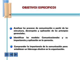 OBJETIVOS ESPECIFICOS




Analizar los procesos de comunicación a partir de las
estructura, desempeño y aplicación de los principios
gerenciales.
Identificar los modelos Comunicacionales      y   su
importancia y aplicación en la gerencia.

Comprender la importancia de la comunicación para
establecer un liderazgo efectivo en la organización.
 