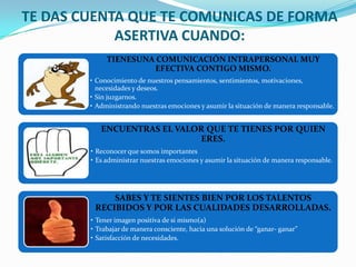 TE DAS CUENTA QUE TE COMUNICAS DE FORMA
            ASERTIVA CUANDO:
             TIENESUNA COMUNICACIÓN INTRAPERSONAL MUY
                      EFECTIVA CONTIGO MISMO.
        • Conocimiento de nuestros pensamientos, sentimientos, motivaciones,
          necesidades y deseos.
        • Sin juzgarnos.
        • Administrando nuestras emociones y asumir la situación de manera responsable.


           ENCUENTRAS EL VALOR QUE TE TIENES POR QUIEN
                             ERES.
        • Reconocer que somos importantes
        • Es administrar nuestras emociones y asumir la situación de manera responsable.




             SABES Y TE SIENTES BIEN POR LOS TALENTOS
         RECIBIDOS Y POR LAS CUALIDADES DESARROLLADAS.
        • Tener imagen positiva de si mismo(a)
        • Trabajar de manera consciente, hacia una solución de “ganar- ganar”
        • Satisfacción de necesidades.
 