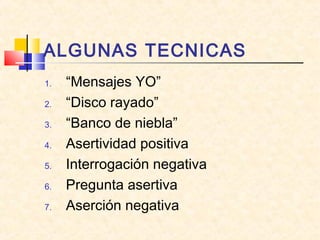 ALGUNAS TECNICAS
1. “Mensajes YO”
2. “Disco rayado”
3. “Banco de niebla”
4. Asertividad positiva
5. Interrogación negativa
6. Pregunta asertiva
7. Aserción negativa
 